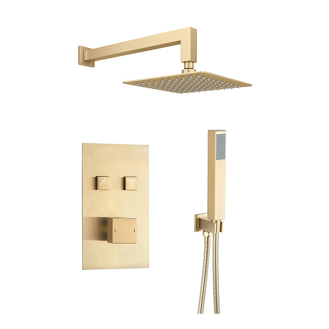 Arezzo Square Brushed Brass Push-Button Shower with Handset + Rainfall Shower Head Large Image