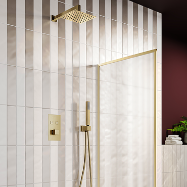 Arezzo Square Brushed Brass Push-Button Shower with Handset + 200mm Rainfall Shower Head