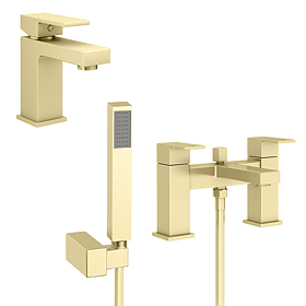 Arezzo Square Brushed Brass Tap Package (Bath Shower Mixer + Basin Tap)