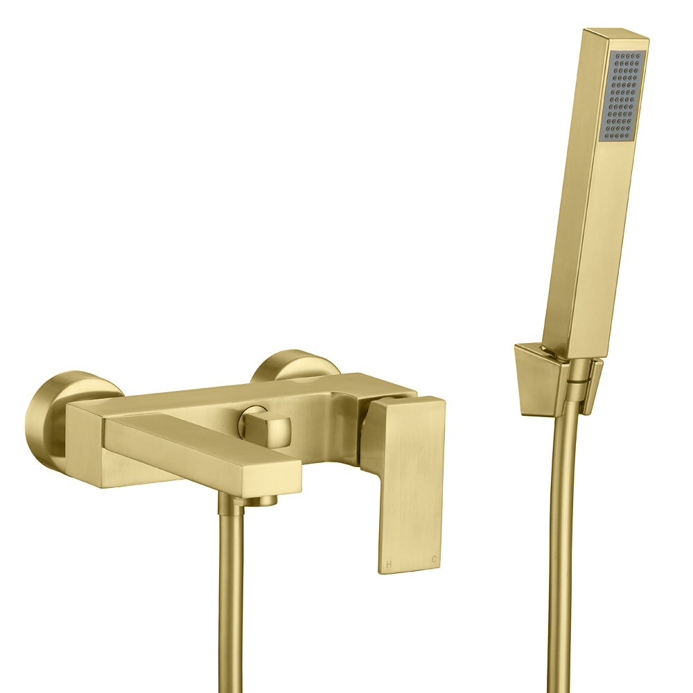 Arezzo Square Brushed Brass Wall Mounted Bath Shower Mixer Tap incl. Shower Kit Victorian