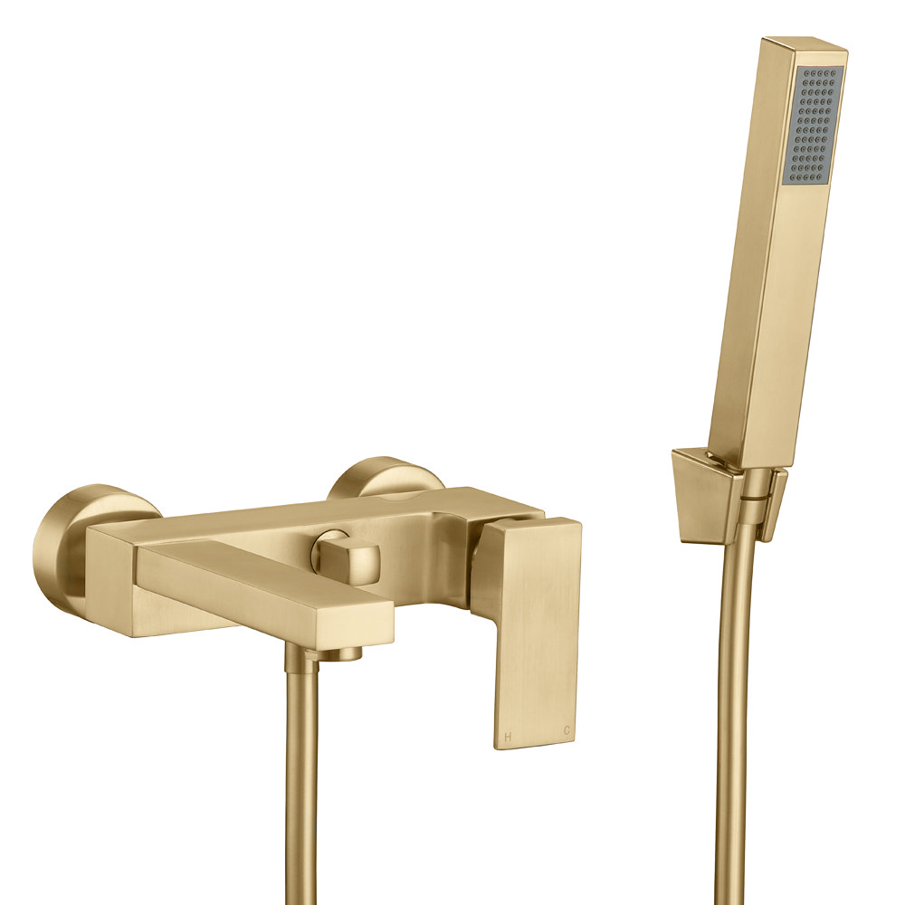 Arezzo Square Brushed Brass Wall Mounted Bath Shower Mixer Tap Incl ...