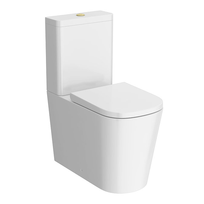 Arezzo Square BTW Close Coupled Rimless Toilet with Soft Close Seat (Brushed Brass Flush + Hinges)