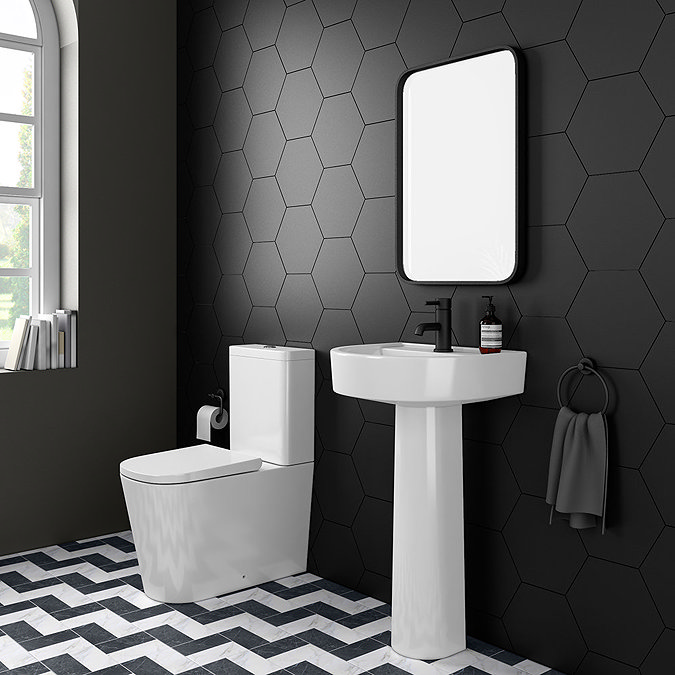 Arezzo Square BTW Close Coupled Rimless Toilet with Soft Close Seat (Matt Black Flush + Hinges)