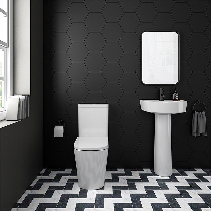 Arezzo Square BTW Close Coupled Rimless Toilet with Soft Close Seat (Matt Black Flush + Hinges)