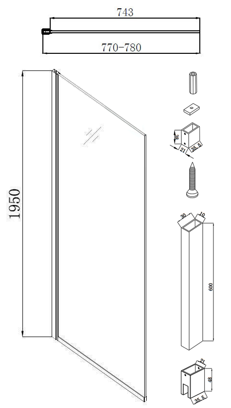 Arezzo Square Chrome Frameless 10mm Wetroom Screen with Ceiling Support Arm 800mm