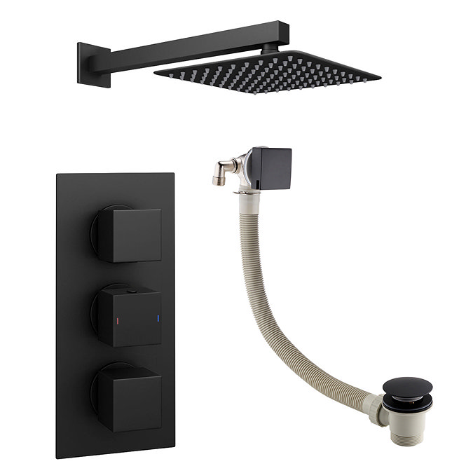 Arezzo Square Matt Black 2 Outlet Shower System (Fixed Shower Head + Overflow Bath Filler) Newest Large Image
