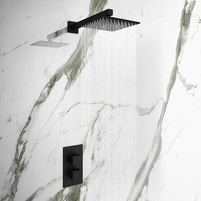 Arezzo Square Matt Black 2 Outlet Shower System (Fixed Shower Head + Slimline Waterfall Bath Spout) 