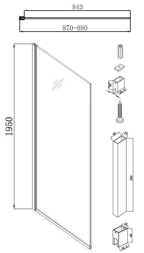 Arezzo Square Matt Black Frameless 10mm Wetroom Screen with Ceiling Mounted Arm 900mm