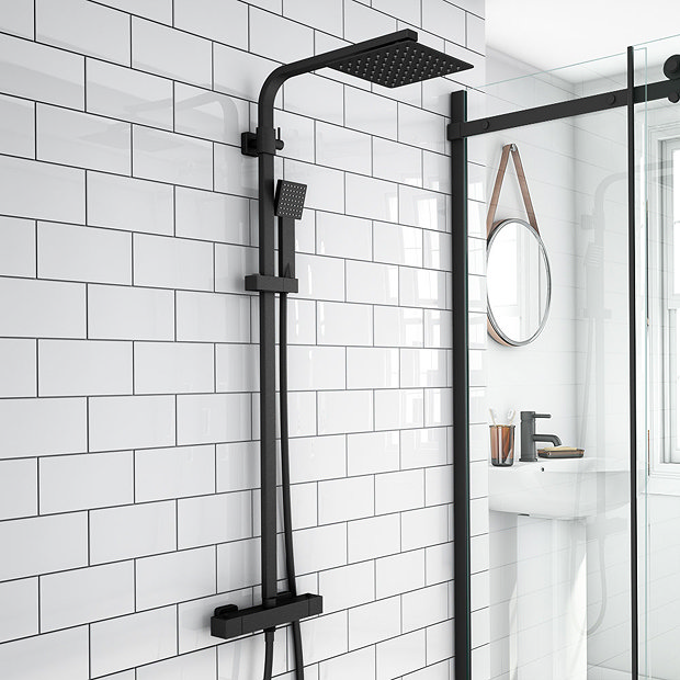 Arezzo Square Matt Black Shower Bath + Exposed Shower Pack (1700 L Shaped with Screen + Panel)  Feat