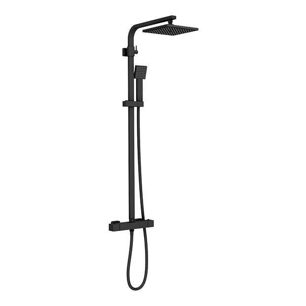 Arezzo Square Matt Black Shower Bath + Exposed Shower Pack (1700 L Shaped with Screen + Panel)  In Bathroom Large Image