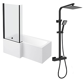 Arezzo Square Matt Black Shower Bath + Exposed Shower Pack (1700 L Shaped with Screen + Panel) 