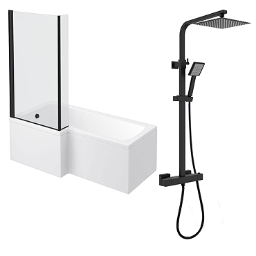 Arezzo Square Matt Black Shower Bath + Exposed Shower Pack (1700 L Shaped with Screen + Panel)