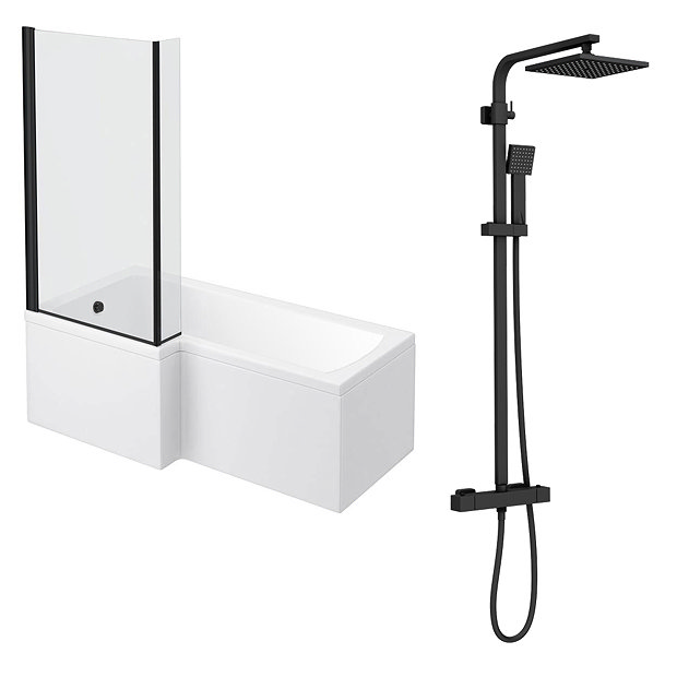 Arezzo Square Matt Black Shower Bath + Exposed Shower Pack (1700 L Shaped with Screen + Panel) Large