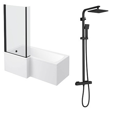 Arezzo Square Matt Black Shower Bath + Exposed Shower Pack (1700 L Shaped with Screen + Panel)  Prof