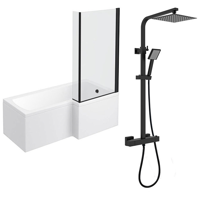 Arezzo Square Matt Black Shower Bath + Exposed Shower Pack (1700 L Shaped with Screen + Panel)