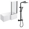 Arezzo Square Matt Black Shower Bath + Exposed Shower Pack (1700 L Shaped with Screen + Panel)
