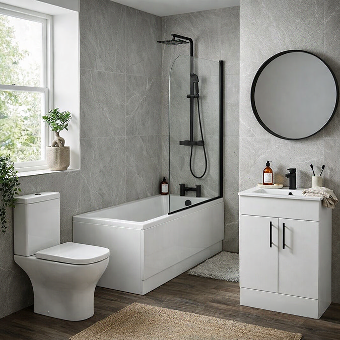 Arezzo Square Modern Matt Black Complete Bathroom Suite with Vanity, Bath, & Curved Screen