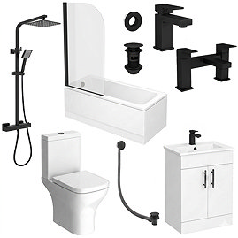Arezzo Square Modern Matt Black Complete Bathroom Suite with Vanity, Bath, & Curved Screen