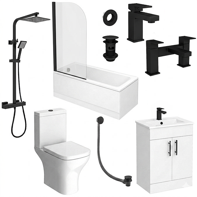 Arezzo Square Modern Matt Black Complete Bathroom Suite with Vanity, Bath, & Curved Screen