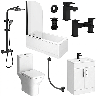 Arezzo Square Modern Matt Black Complete Bathroom Suite with Vanity, Bath, & Curved Screen