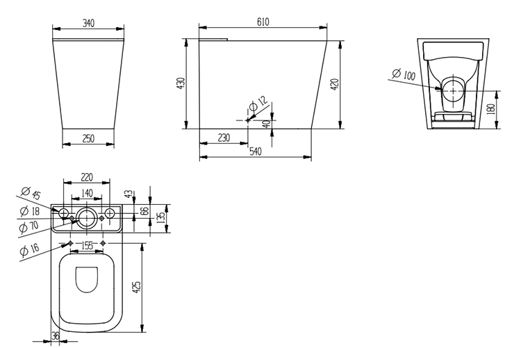 Arezzo Square Short Projection BTW Close Coupled Rimless Toilet + Soft Close Seat