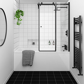 Arezzo Square Single Ended Bath with Matt Black Sliding Bath Screen Large Image