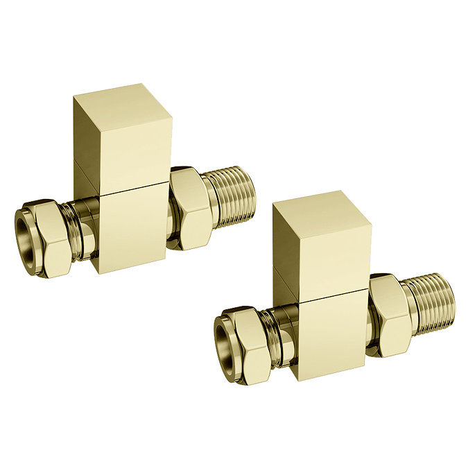 Arezzo Square Straight Radiator Valves - Brushed Brass Large Image