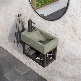 Arezzo Stone Wall Hung Copper Green Cloakroom Basin with Matt Black Towel Shelf