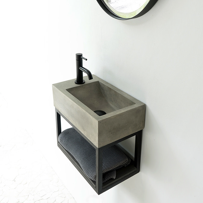 Arezzo Stone Wall Hung Natural Concrete Cloakroom Basin with Matt Black Towel Shelf  additional Large Image
