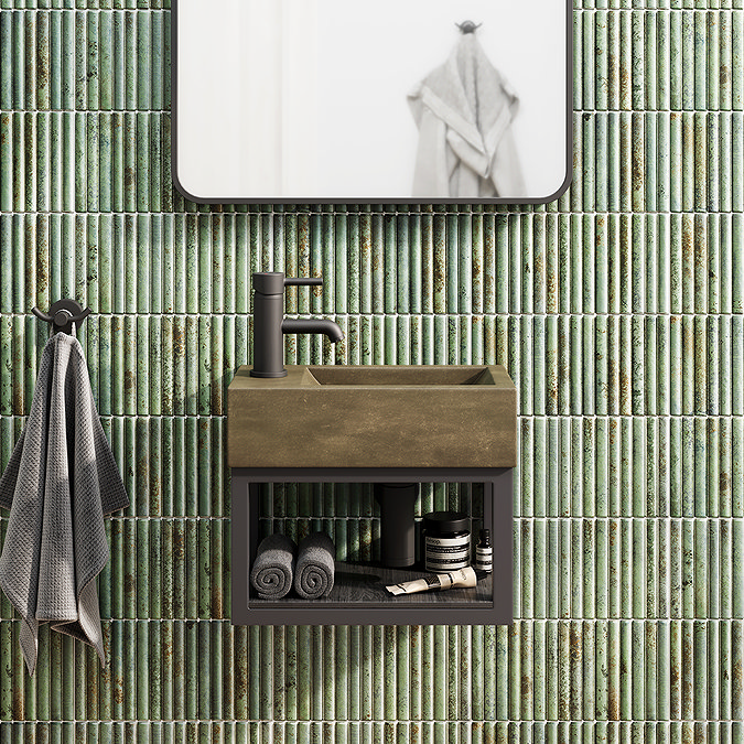 Arezzo Stone Wall Hung Vintage Brown Cloakroom Basin with Matt Black Towel Shelf