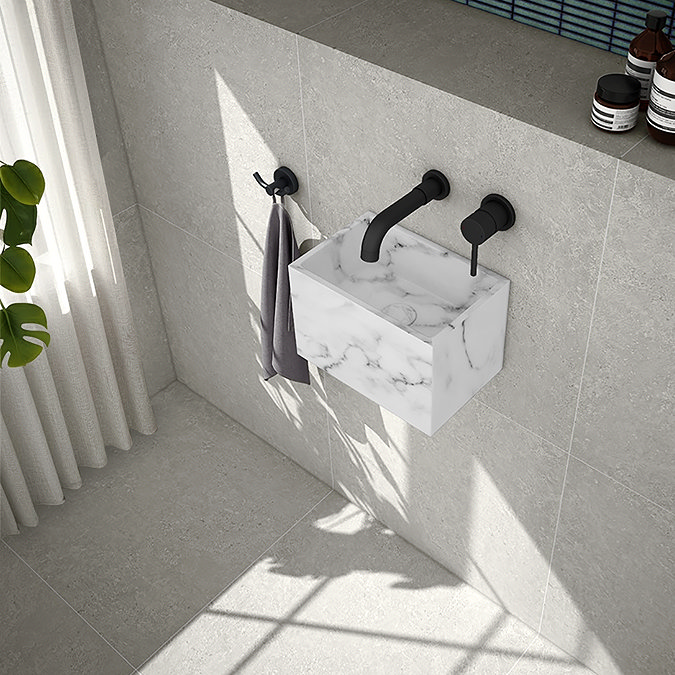 Arezzo Stone White Marble Wall Hung Basin (300 x 200mm) with Waste