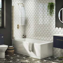 Arezzo Straight Round Shower Bath w. Brushed Brass Curved Top Pivot Screen Medium Image