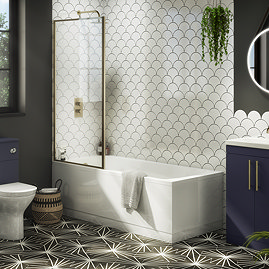 Arezzo Straight Square Shower Bath w. Brushed Brass Framed Fixed Screen Large Image