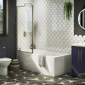 Arezzo Straight Square Shower Bath w. Brushed Brass Framed Fixed Screen Large Image