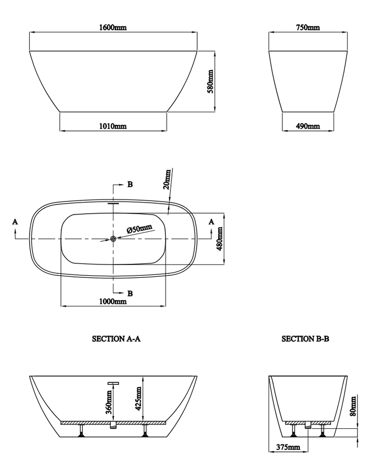 Arezzo Thin Edge Curved Rectangular Bath - 1600 x 750mm with Waste