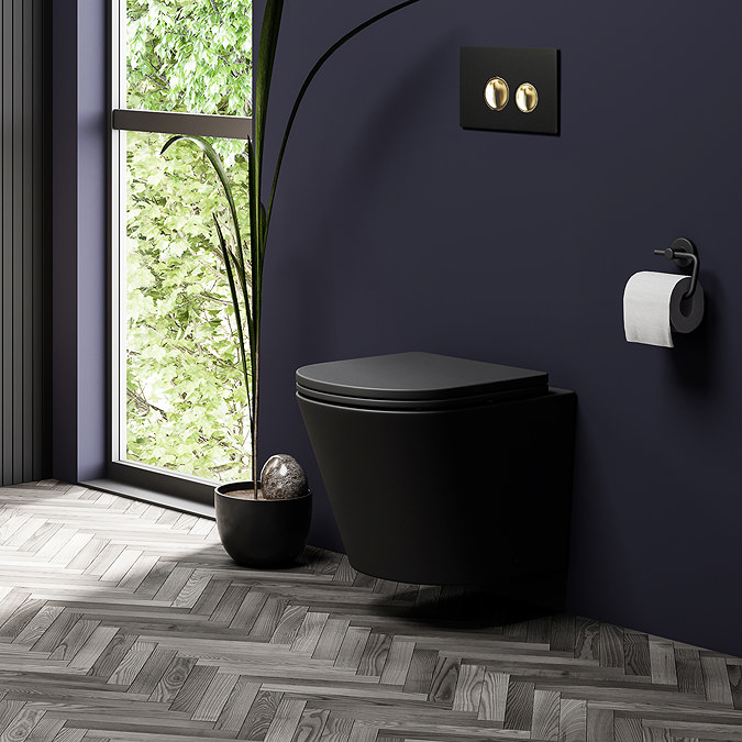 Arezzo Toilet Cistern Frame with Matt Black and Brushed Brass Flush Plate feat. Round Buttons