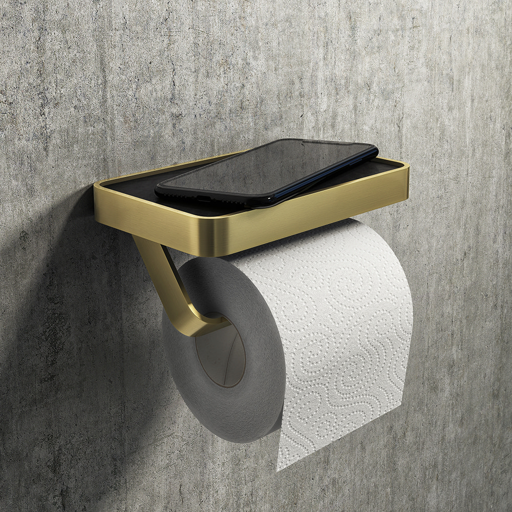 Arezzo Toilet Roll Holder with Shelf - Brushed Brass Large Image