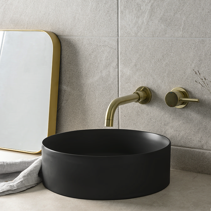 Arezzo Vanity Unit - Matt Black - 600mm 2-Drawer with Worktop, Black Handles, Black Round Basin + Legs