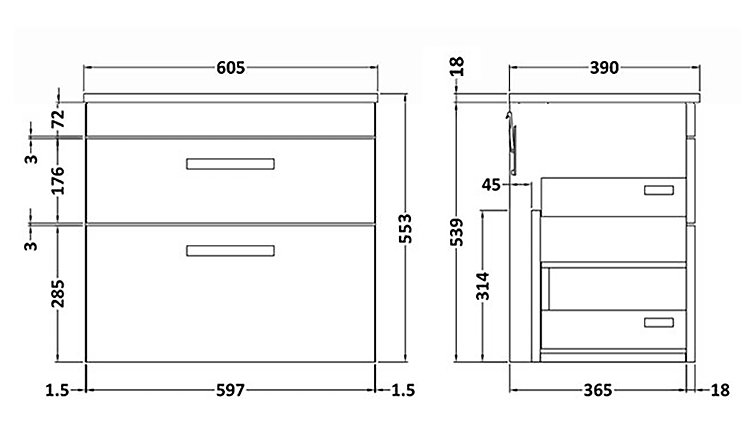 Arezzo Vanity Unit - Matt Black - 600mm 2-Drawer with Worktop, Black Handles, Black Round Basin + Legs