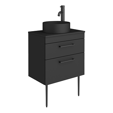 Arezzo Vanity Unit - Matt Black - 600mm 2-Drawer with Worktop, Black Handles, Black Round Basin + Legs