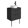 Arezzo Vanity Unit - Matt Black - 600mm 2-Drawer with Worktop, Black Handles, White Round Basin and Legs
