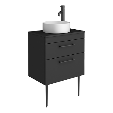 Arezzo Vanity Unit - Matt Black - 600mm 2-Drawer with Worktop, Black Handles, White Round Basin and Legs