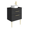 Arezzo Vanity Unit - Matt Black - 600mm 2-Drawer with Worktop, Brass Handles, White Round Basin and Brass Legs
