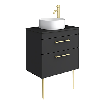 Arezzo Vanity Unit - Matt Black - 600mm 2-Drawer with Worktop, Brass Handles, White Round Basin and Brass Legs