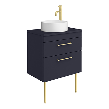 Arezzo Vanity Unit - Matt Blue - 600mm 2-Drawer with Worktop, Brass Handles, White Round Basin and Brass Legs