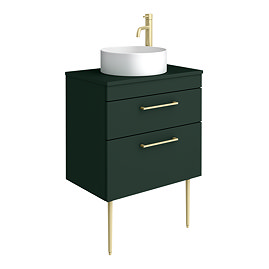 Arezzo Vanity Unit - Matt Dark Green - 600mm 2-Drawer with Worktop, Brass Handles, White Round Basin and Brass Legs