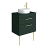 Arezzo Vanity Unit - Matt Dark Green - 600mm 2-Drawer with Worktop, Brass Handles, White Round Basin and Brass Legs