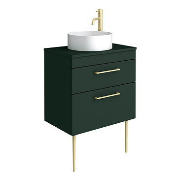 Arezzo Vanity Unit - Matt Dark Green - 600mm 2-Drawer with Worktop, Brass Handles, White Round Basin and Brass Legs