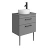 Arezzo Vanity Unit - Matt Grey - 600mm 2-Drawer with Worktop, Black Handles, White Round Basin and Legs