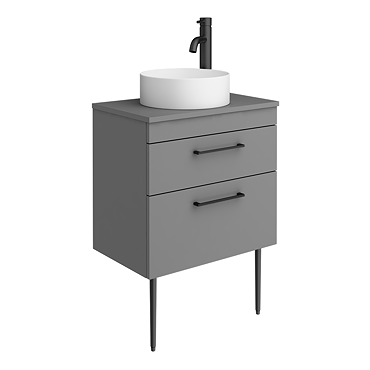 Arezzo Vanity Unit - Matt Grey - 600mm 2-Drawer with Worktop, Black Handles, White Round Basin and Legs